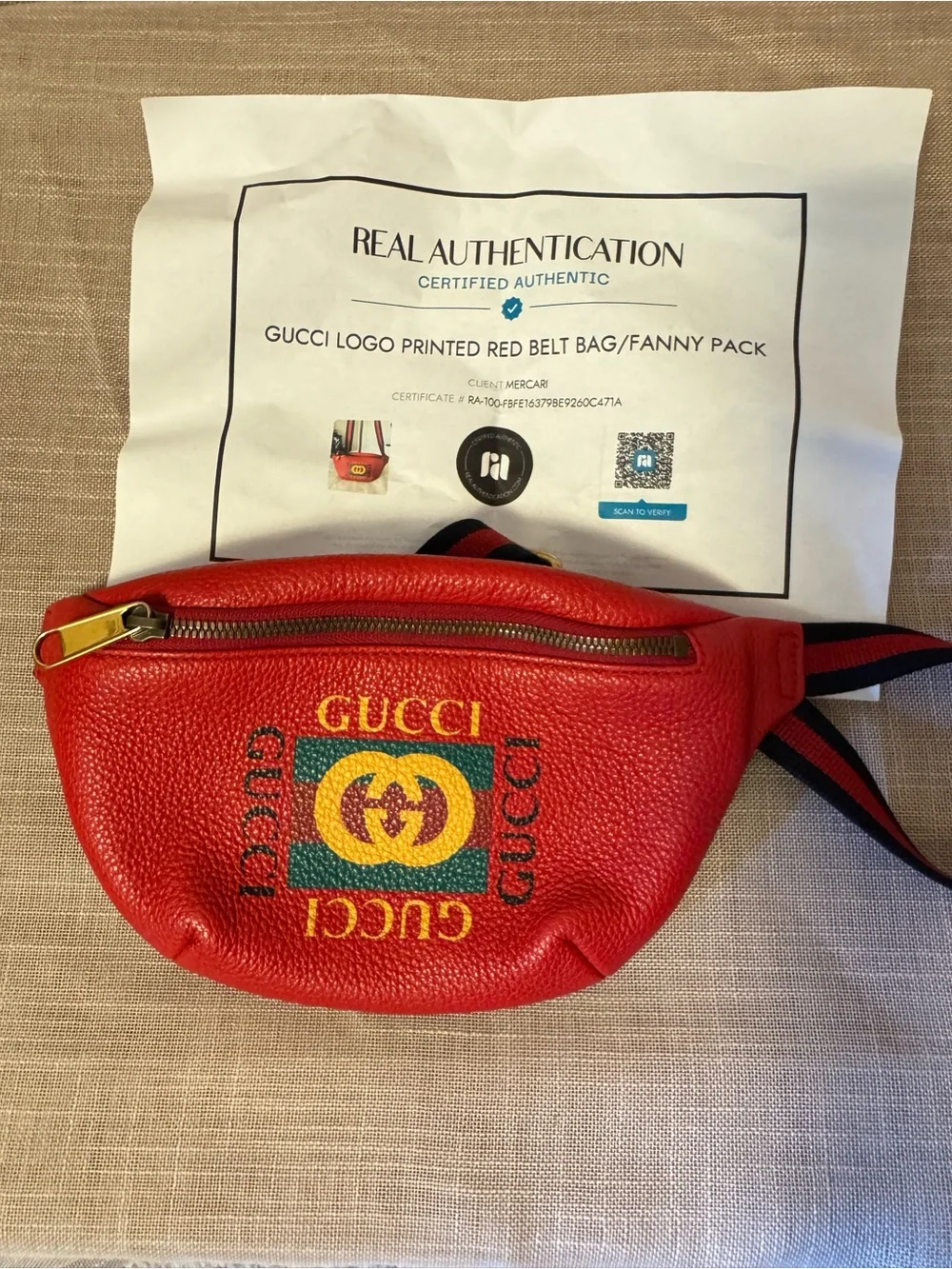 Gucci Red Leather Belt Bag with Green and Yellow Logo